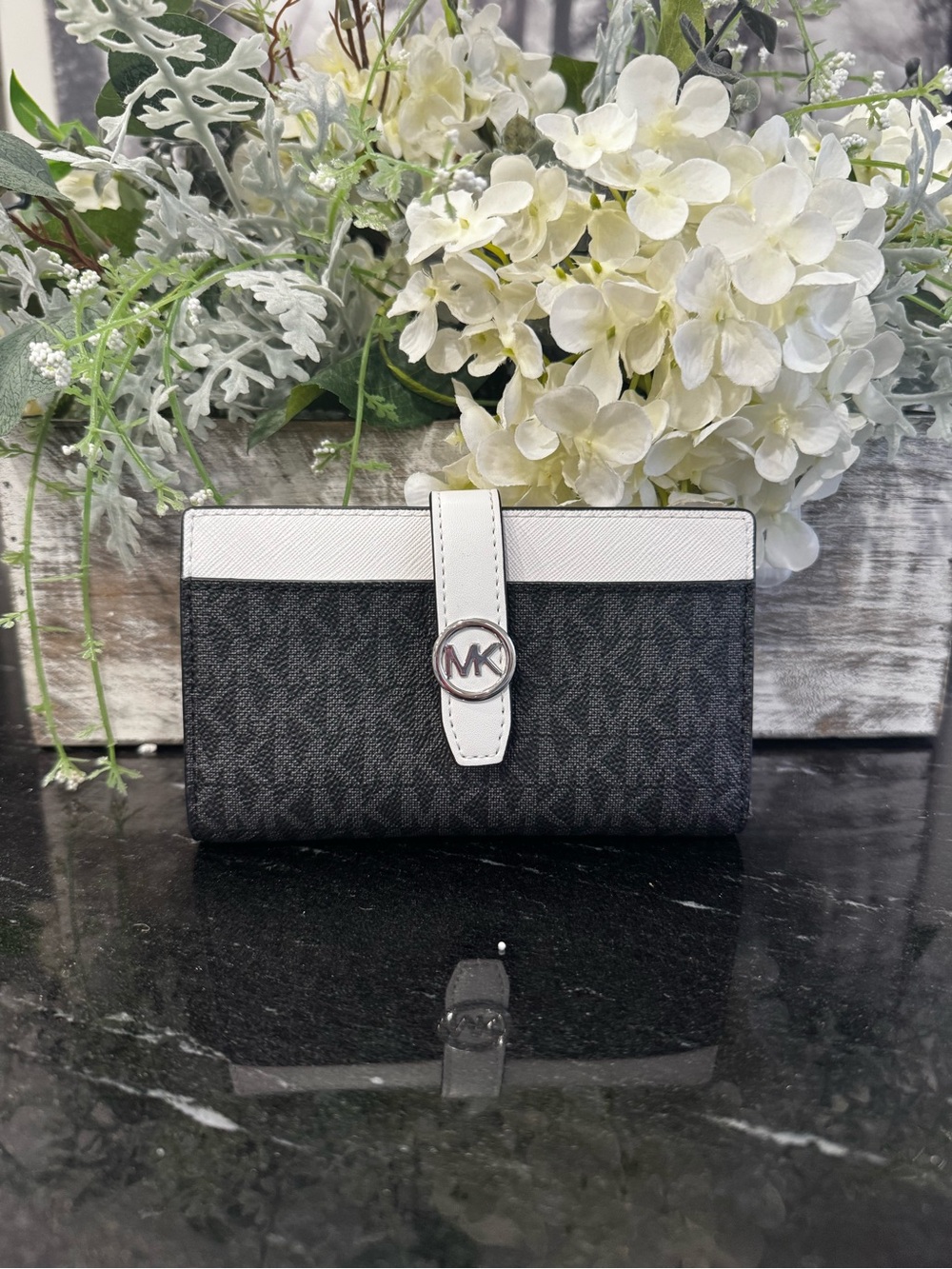 Michael Kors Black Signature Wallet with White Trim